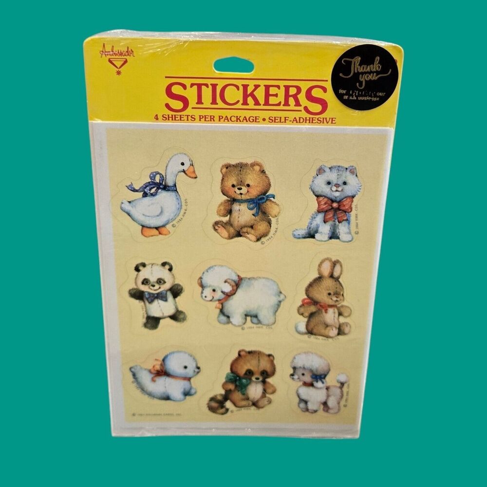 1984 Sealed Hallmark Stickers Retro 80s Baby Stitched Animals Panda Poodle Duck